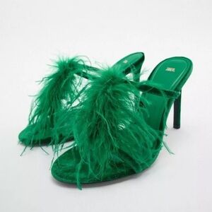 Zara Velvet Feather Sandals - Size EU 41 (UK 8, US 10) - Emerald Green